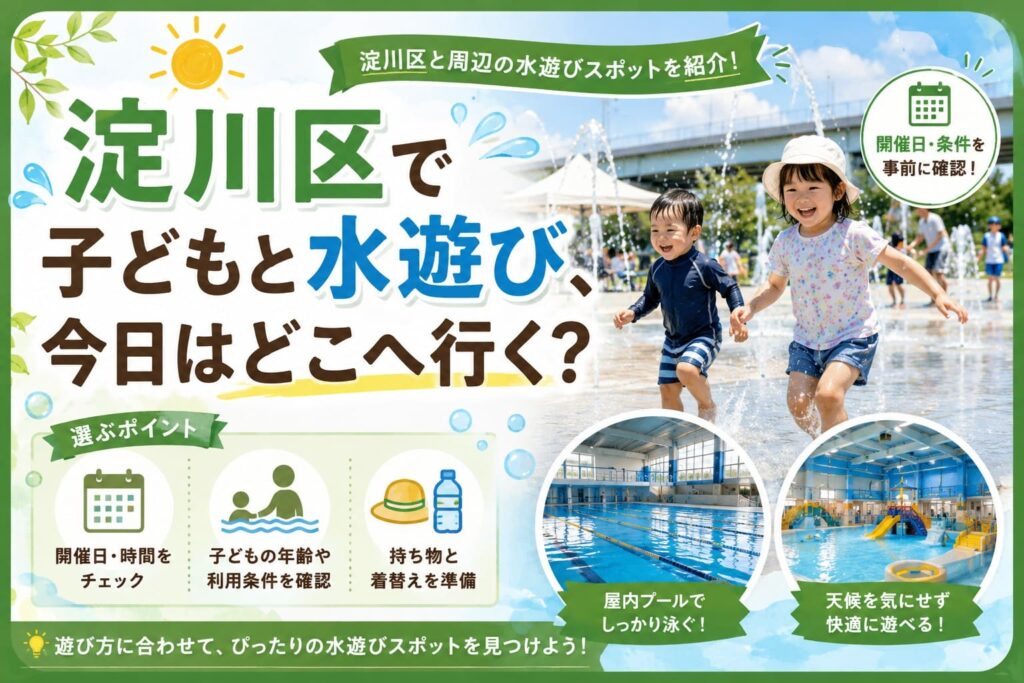 淀川区の屋外水遊び広場で笑顔で走る子どもたちと、屋内プール2施設の写真を組み合わせた「淀川区で子どもと水遊び」紹介バナー