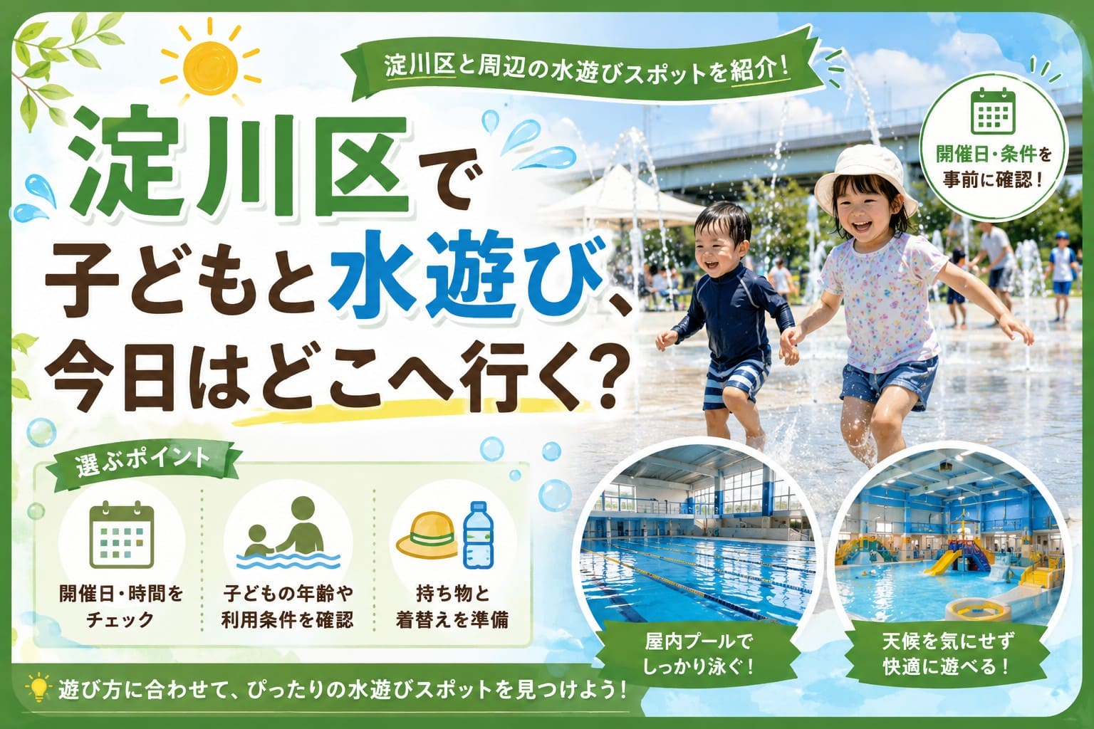 淀川区の屋外水遊び広場で笑顔で走る子どもたちと、屋内プール2施設の写真を組み合わせた「淀川区で子どもと水遊び」紹介バナー