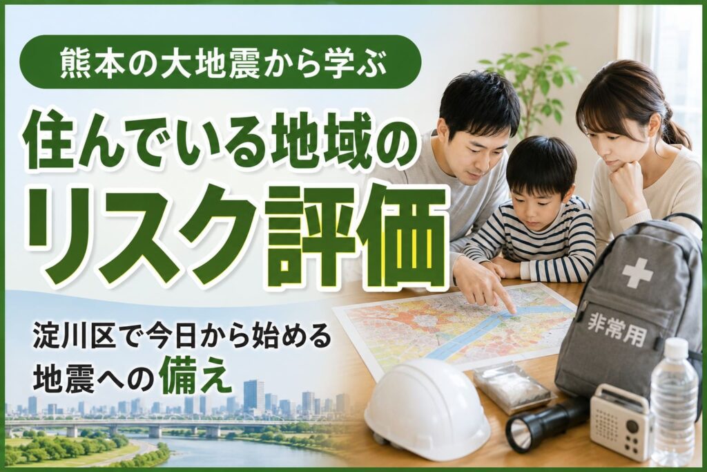 熊本地震をきっかけに、淀川区で住んでいる地域のリスク評価を家族で確認し、防災マップや非常用持ち出し袋を使って地震への備えを進める様子