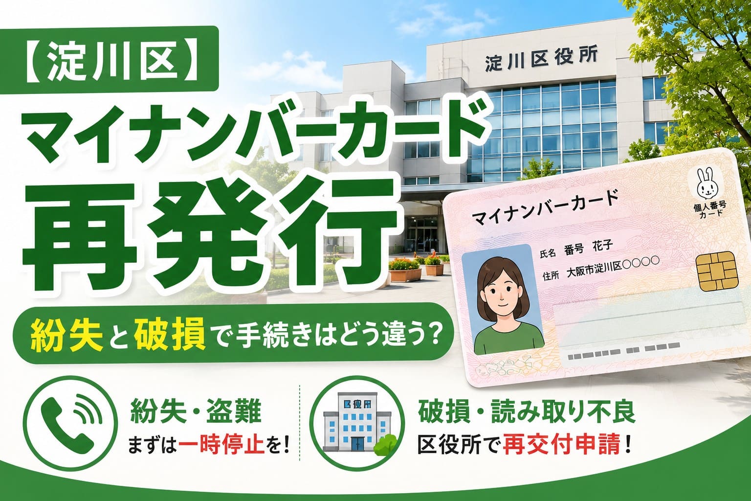 淀川区役所を背景に、マイナンバーカードの再発行について、紛失時と破損時で異なる手続きの流れを分かりやすく示したアイキャッチ画像。