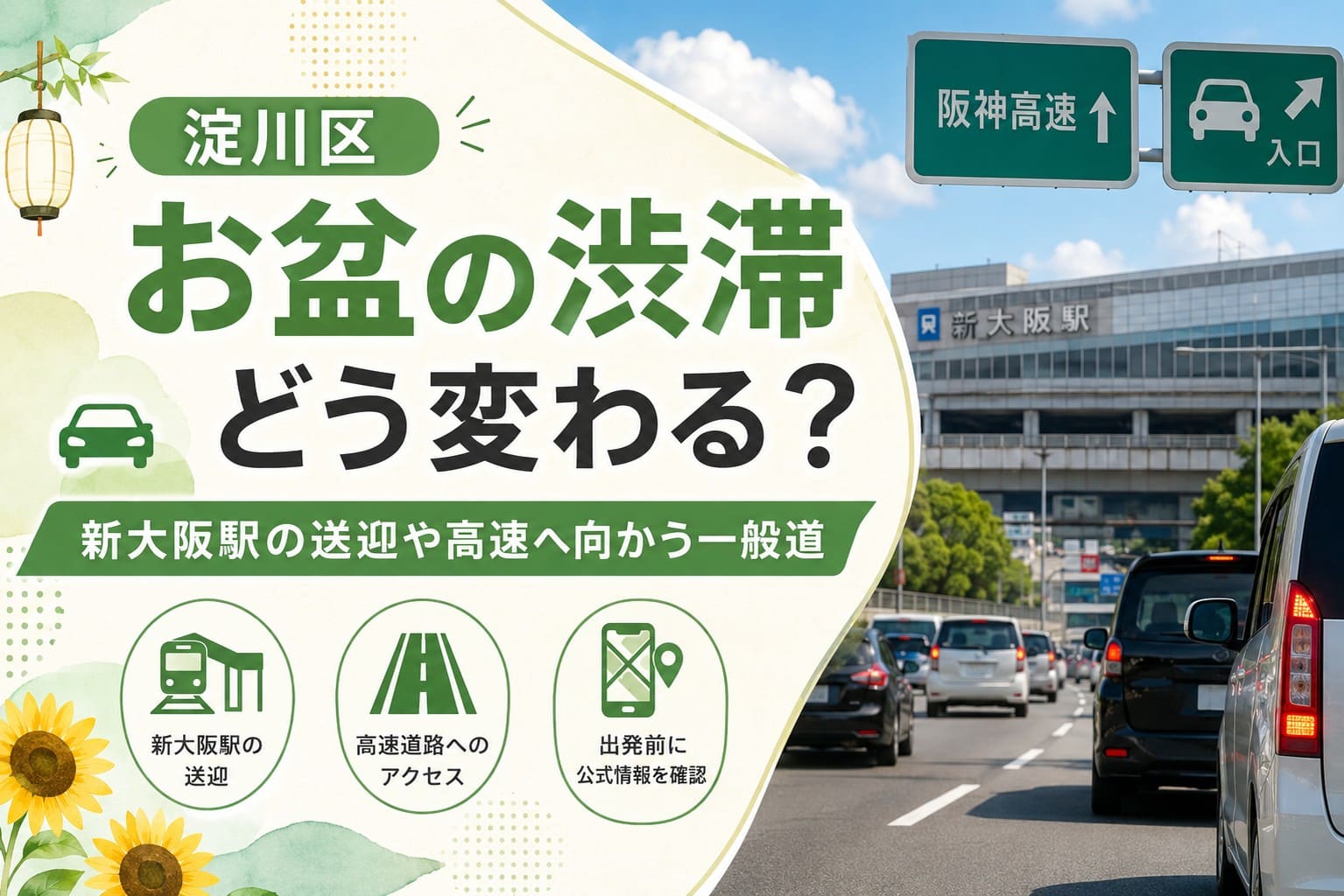 淀川区のお盆の渋滞イメージ、新大阪駅と阪神高速の入口付近の様子