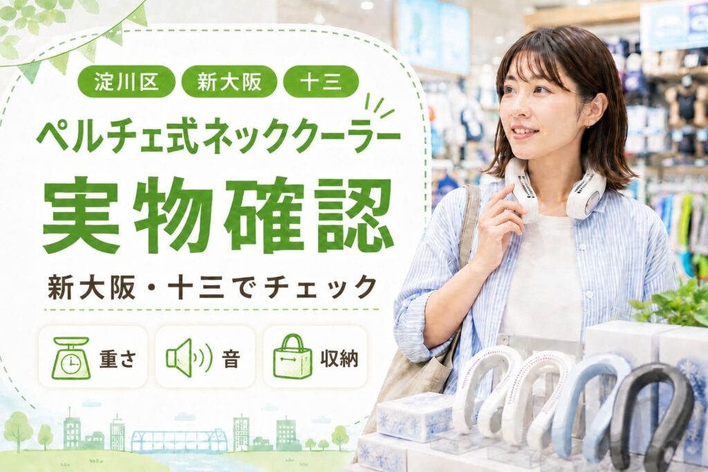 淀川区・新大阪・十三でペルチェ式ネッククーラーの実物確認ポイントを紹介するアイキャッチ画像。