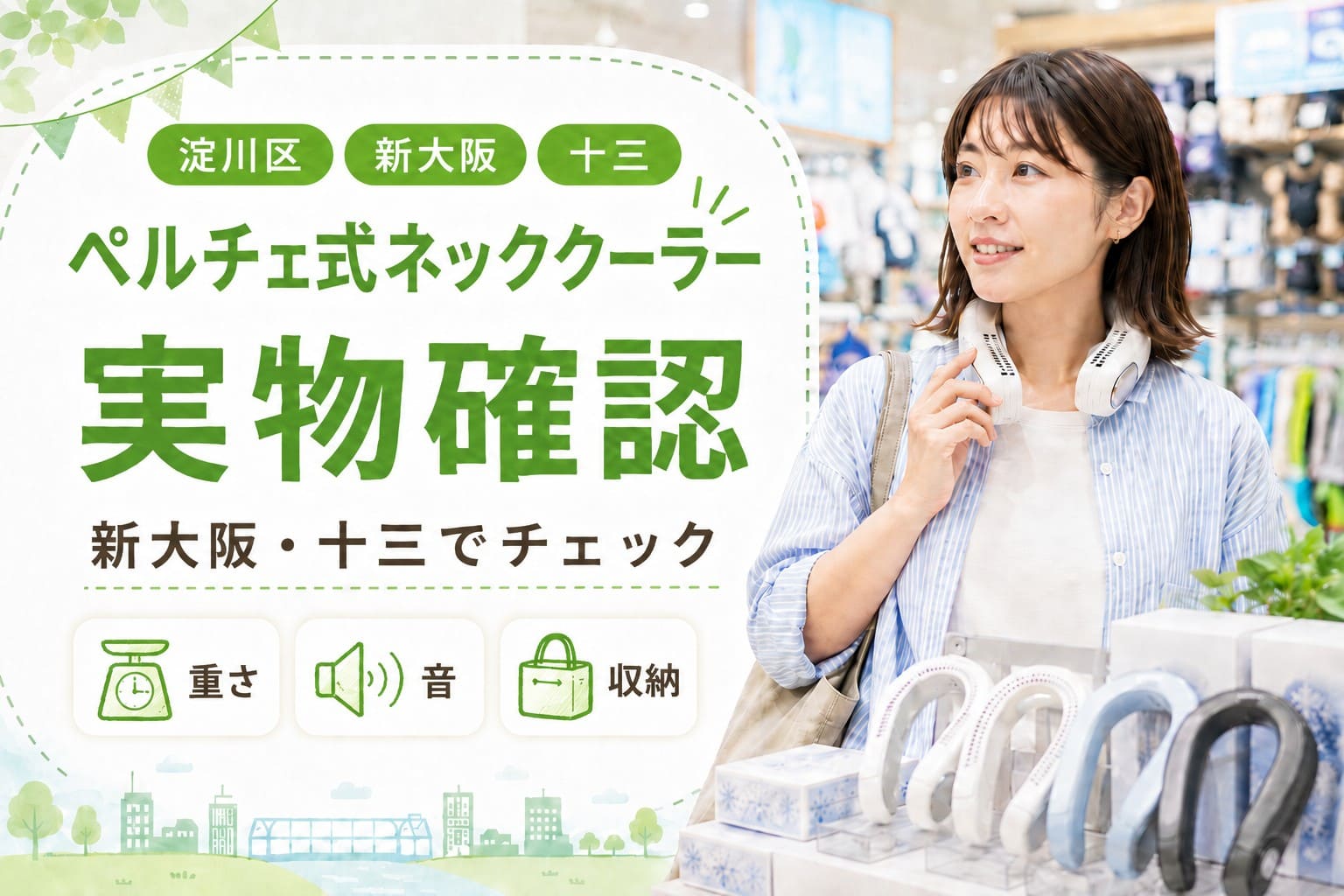 淀川区・新大阪・十三でペルチェ式ネッククーラーの実物確認ポイントを紹介するアイキャッチ画像。
