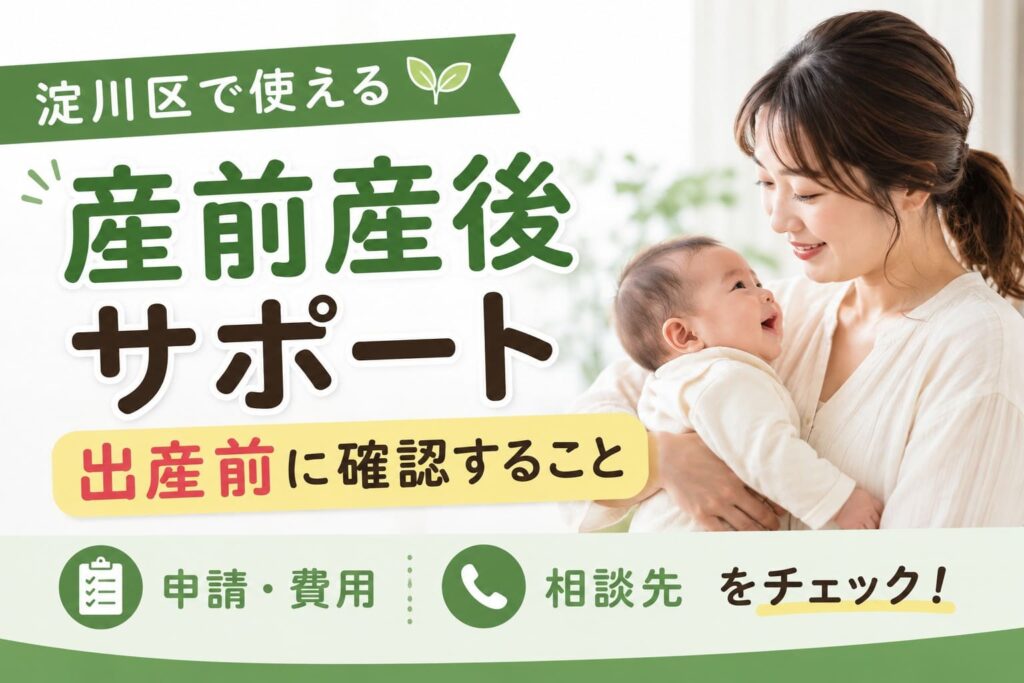 淀川区の産前産後サポートについて、出産前に確認しておきたい申請・費用・相談先を紹介するアイキャッチ画像。赤ちゃんを抱く母親の写真を背景に、支援制度の事前確認を促すデザイン。