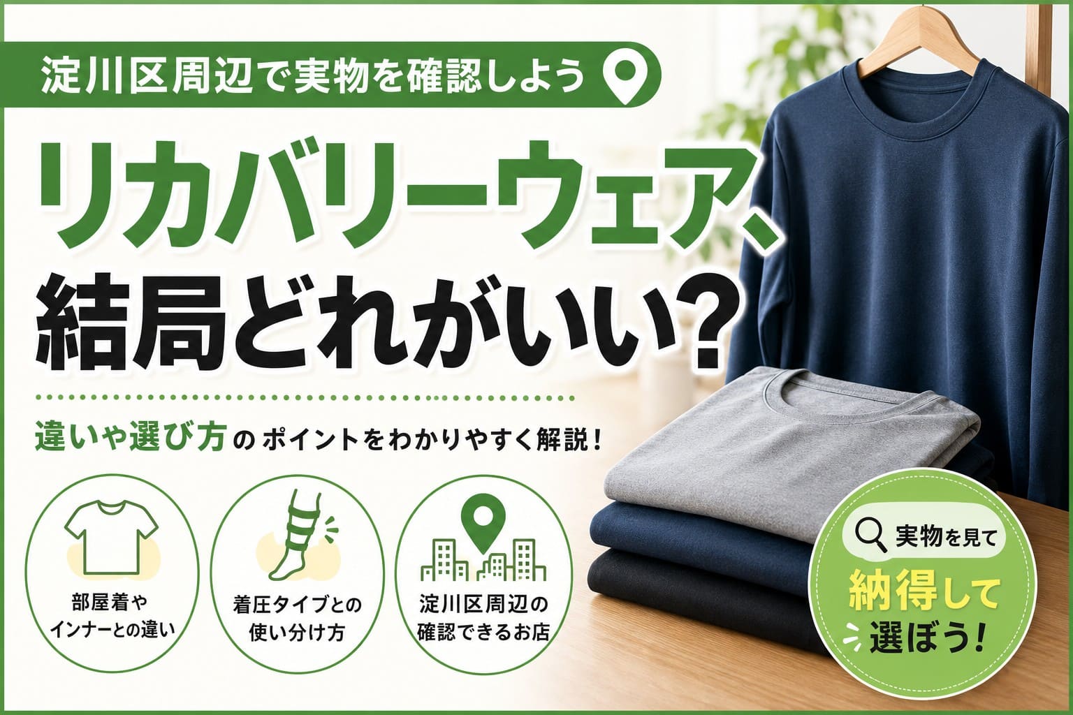 淀川区周辺でリカバリーウェアを実際に見て選ぶポイントを紹介するアイキャッチ画像。部屋着との違いや選び方、確認できる店舗をイメージしたデザイン。