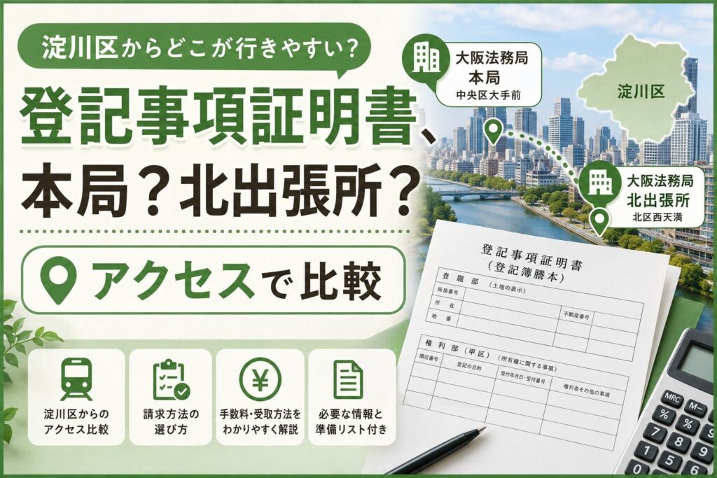 淀川区から登記事項証明書を取得する際、大阪法務局本局と北出張所へのアクセスを比較して紹介する記事のアイキャッチ画像