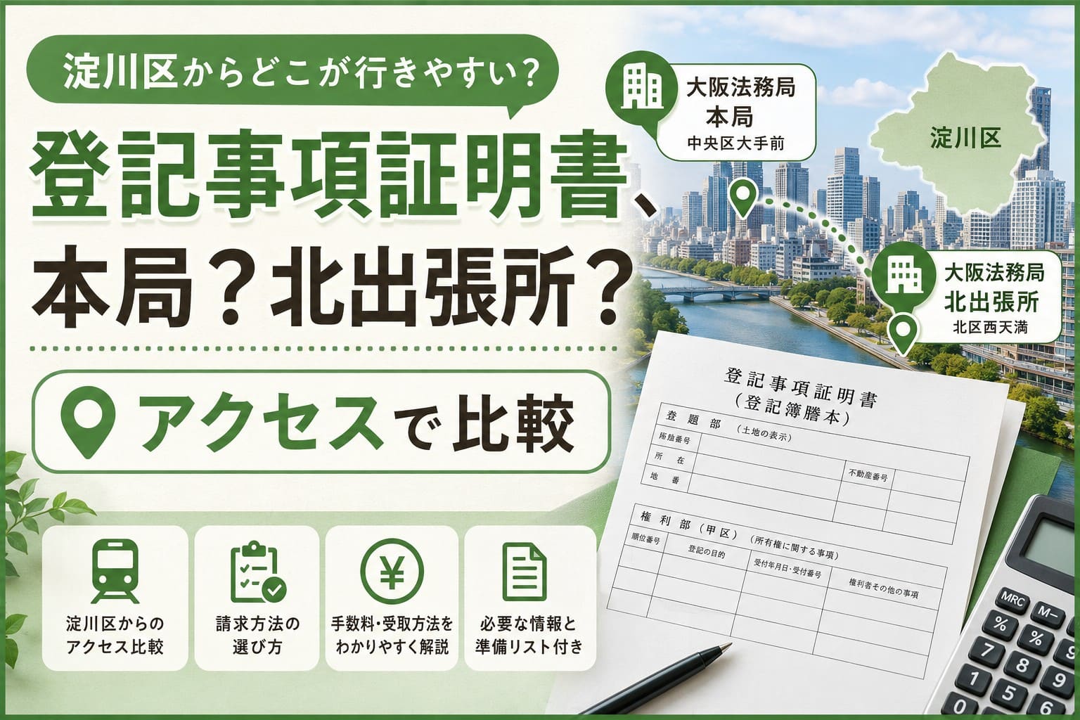 淀川区から登記事項証明書を取得する際、大阪法務局本局と北出張所へのアクセスを比較して紹介する記事のアイキャッチ画像