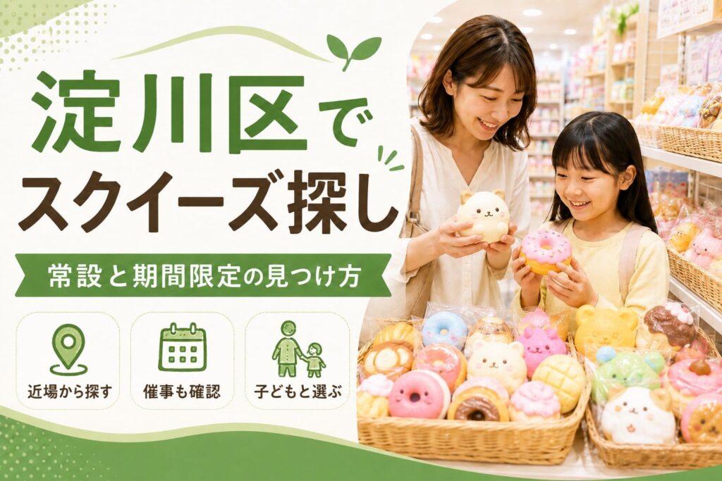 淀川区でスクイーズを探す親子が、雑貨店の売り場で商品を手に取り、常設売り場や期間限定販売を確認するイメージのアイキャッチ画像。