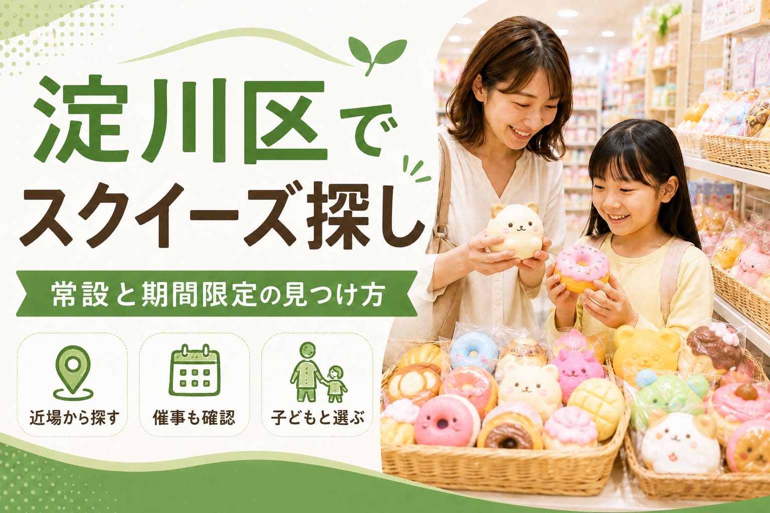 淀川区でスクイーズを探す親子が、雑貨店の売り場で商品を手に取り、常設売り場や期間限定販売を確認するイメージのアイキャッチ画像。