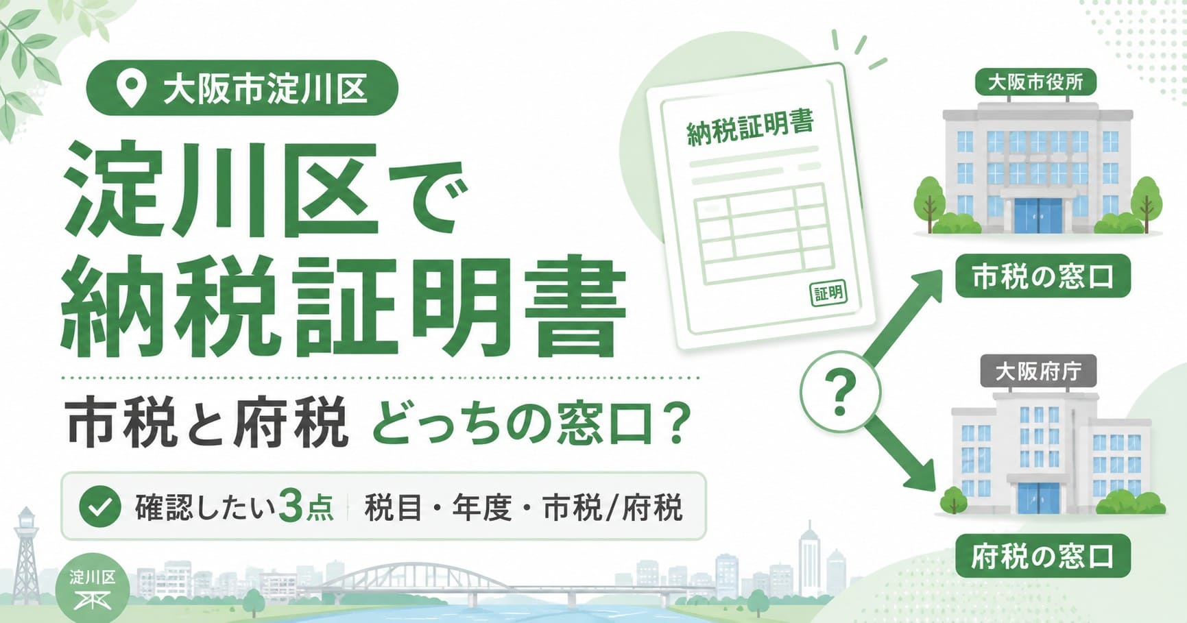 淀川区で納税証明書を取る際に、市税と府税のどちらの窓口か確認するポイントを示した案内画像