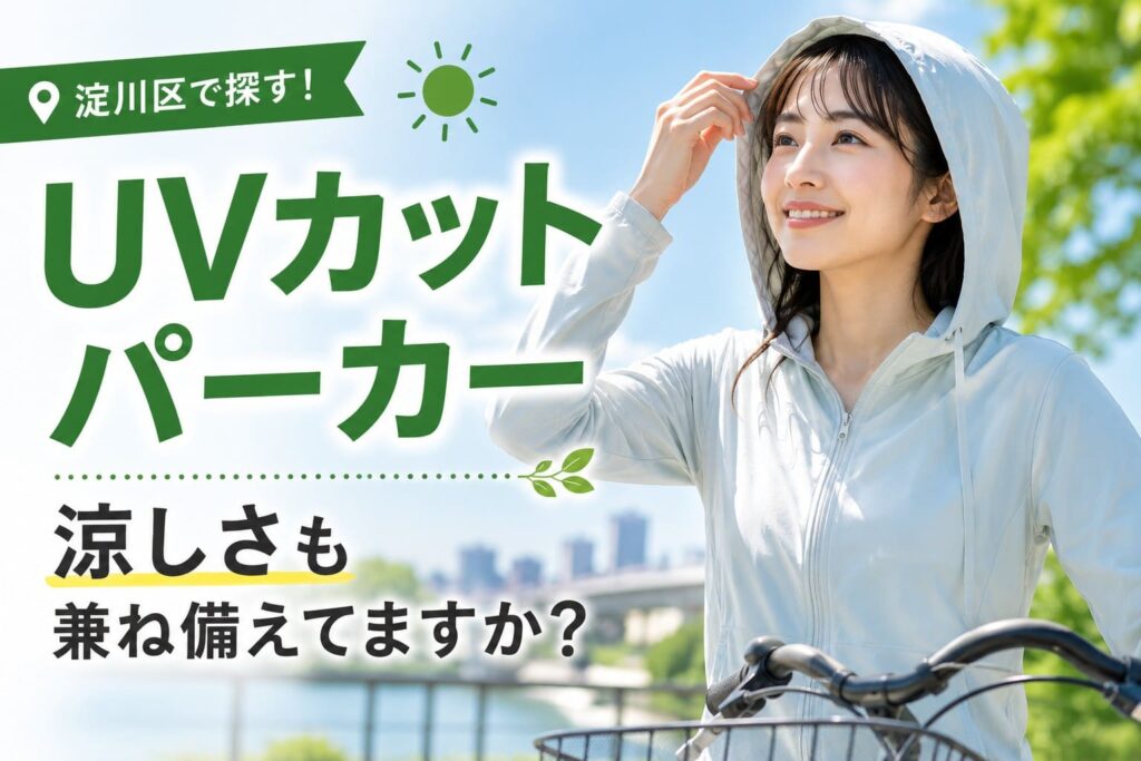 淀川区でUVカットパーカーを探す方向けに、自転車に乗る女性が夏用UVカットパーカーを着用しているアイキャッチ画像
