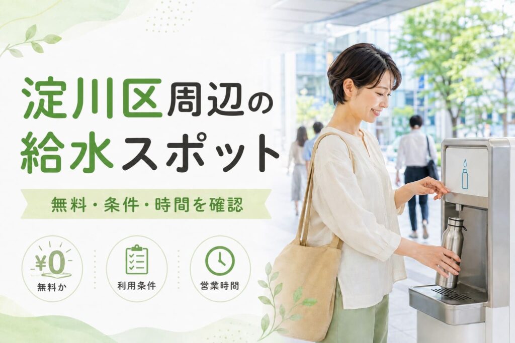 淀川区周辺でマイボトルに給水できる場所について、無料かどうか、利用条件、営業時間を確認するポイントを紹介するアイキャッチ画像。