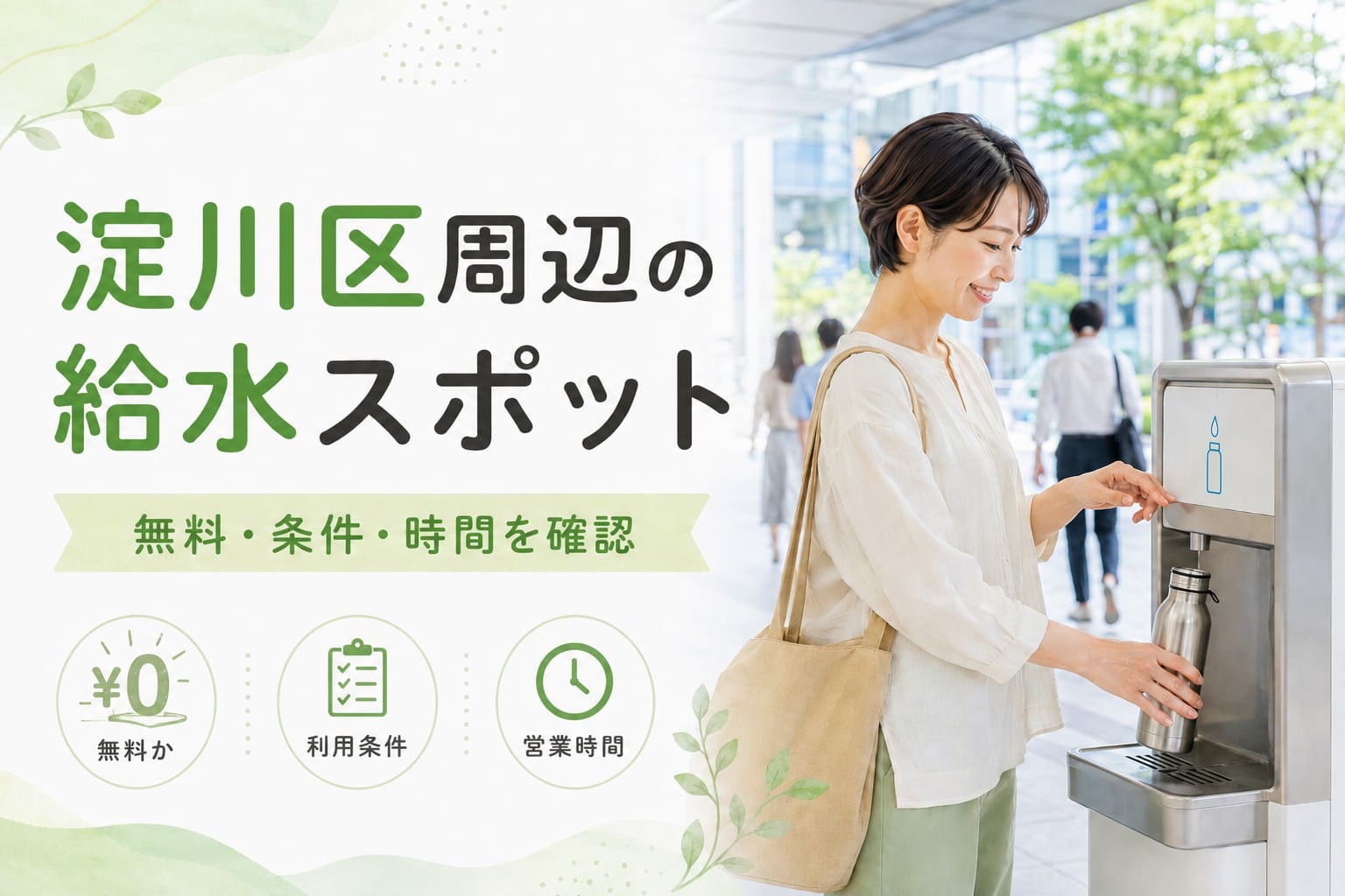淀川区周辺でマイボトルに給水できる場所について、無料かどうか、利用条件、営業時間を確認するポイントを紹介するアイキャッチ画像。