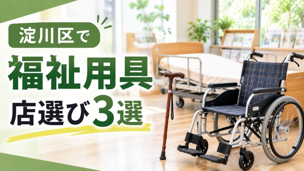 淀川区の福祉用具店選びを紹介する、車いす・杖・介護ベッドを配置した緑基調のアイキャッチ画像