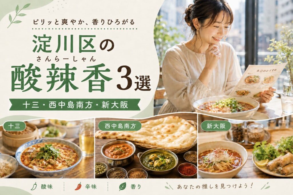 淀川区の酸辣香グルメ3選を紹介するアイキャッチ。十三・西中島南方・新大阪の料理イメージとして、辛味のある麺料理、カレーとナン、香草の効いた麺料理が並んでいる。