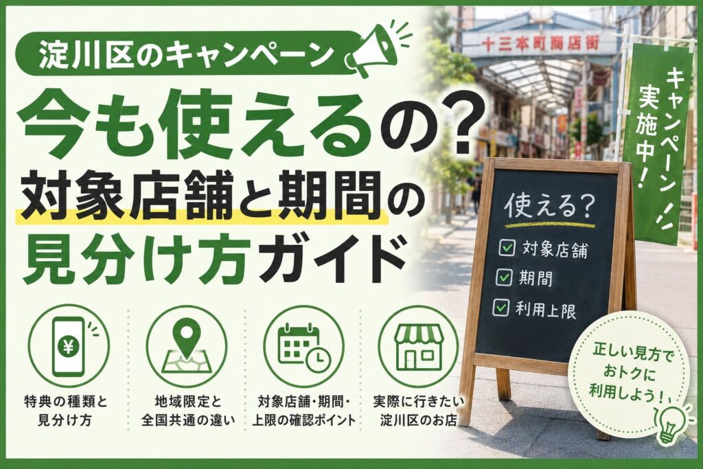 淀川区の商店街を背景に、「今も使えるの? 対象店舗と期間の見分け方」と大きく表示し、対象店舗・期間・利用上限の確認項目をまとめたアイキャッチ画像。
