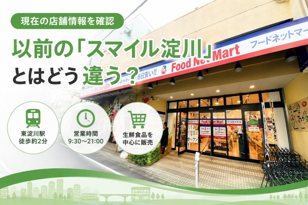 フードネットマート スマイル淀川店の外観と、東淀川駅から徒歩約2分・営業時間9:30〜21:00を紹介するアイキャッチ画像