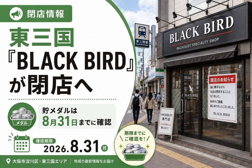 東三国のパチスロ専門店BLACK BIRDが2026年8月31日に閉店し、貯メダルの確認を呼びかけるアイキャッチ画像