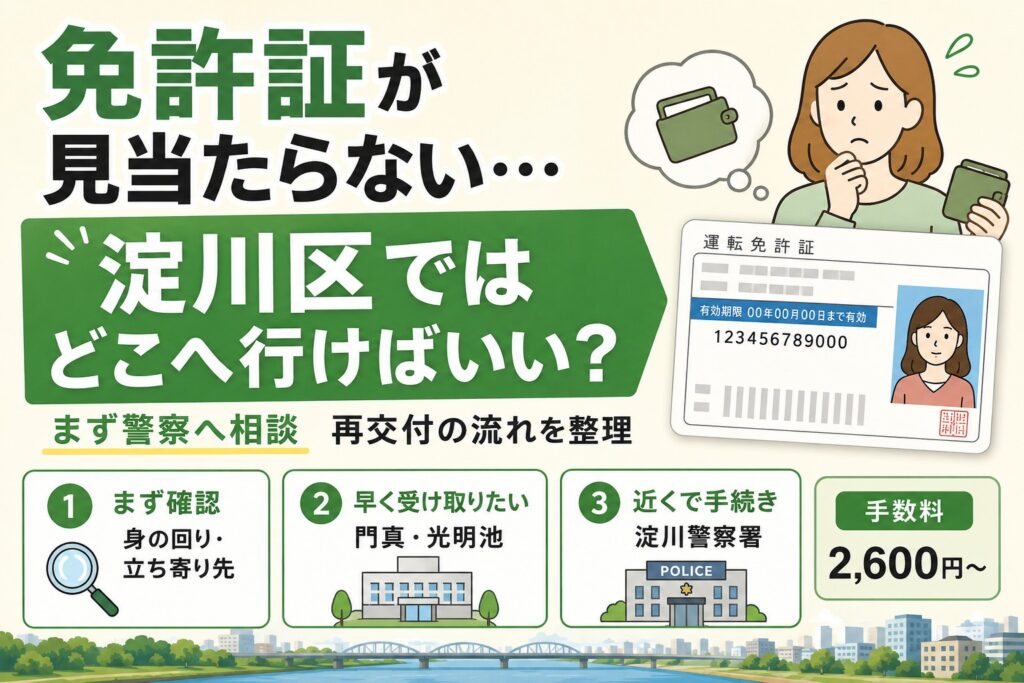 免許証が見当たらないときに、淀川区でどこへ行けばよいかを案内するアイキャッチ画像。警察への相談、門真・光明池での再交付、淀川警察署での手続き、手数料の目安をわかりやすく示している。