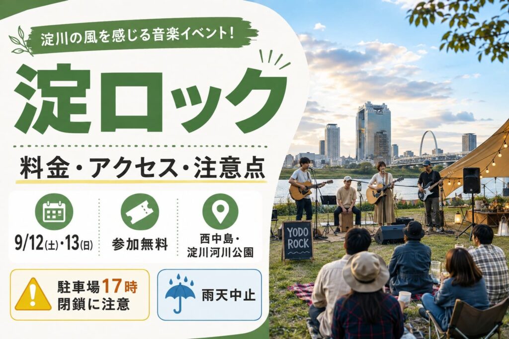 淀川河川公園西中島地区で開催される「淀ロック」の案内画像。9月12日・13日開催、参加無料、駐車場17時閉鎖、雨天中止などの注意点を掲載。