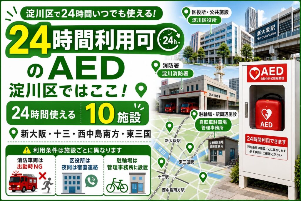 淀川区で24時間利用可能とされるAED10施設と、新大阪・十三・西中島南方・東三国周辺の設置場所を紹介するアイキャッチ画像