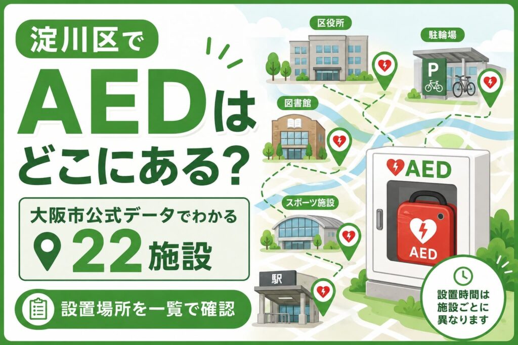 淀川区のAED設置場所を大阪市公式データから22施設に整理した案内画像
