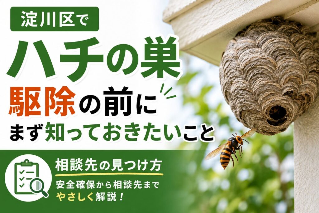 淀川区で住宅の軒下にできたハチの巣と飛んでいるハチ。「淀川区でハチの巣 駆除の前にまず知っておきたいこと」の記事アイキャッチ。