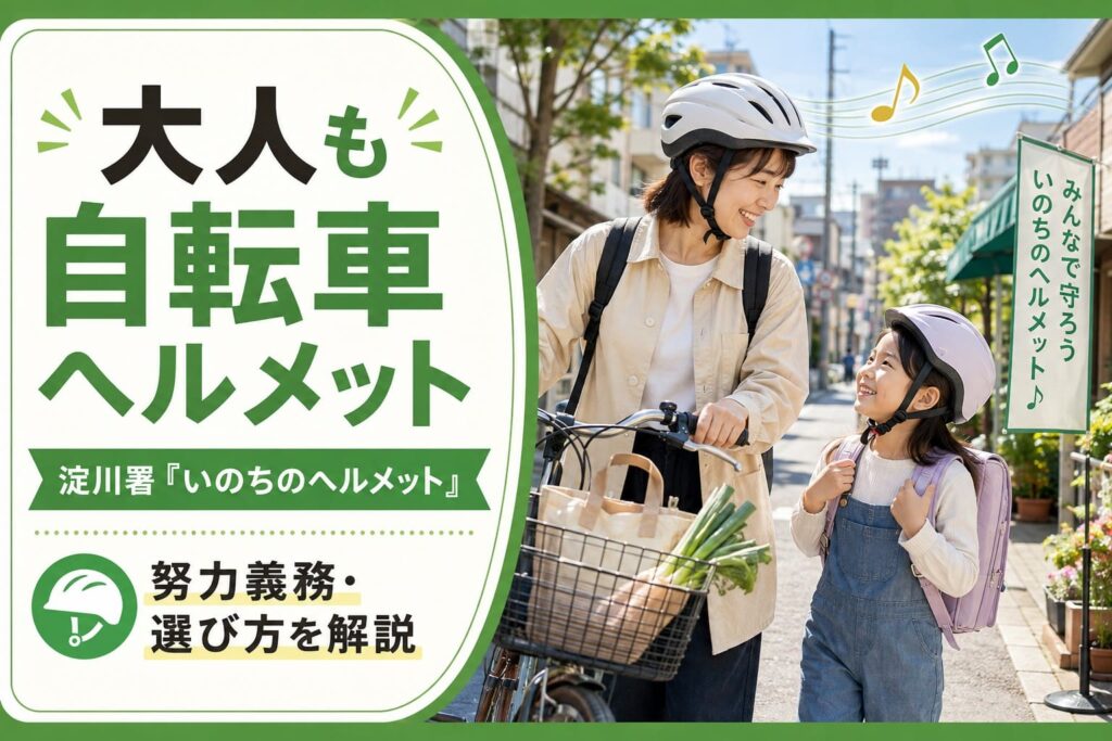 自転車ヘルメットを着用する大人と子ども、淀川署「いのちのヘルメット」と努力義務を紹介するアイキャッチ