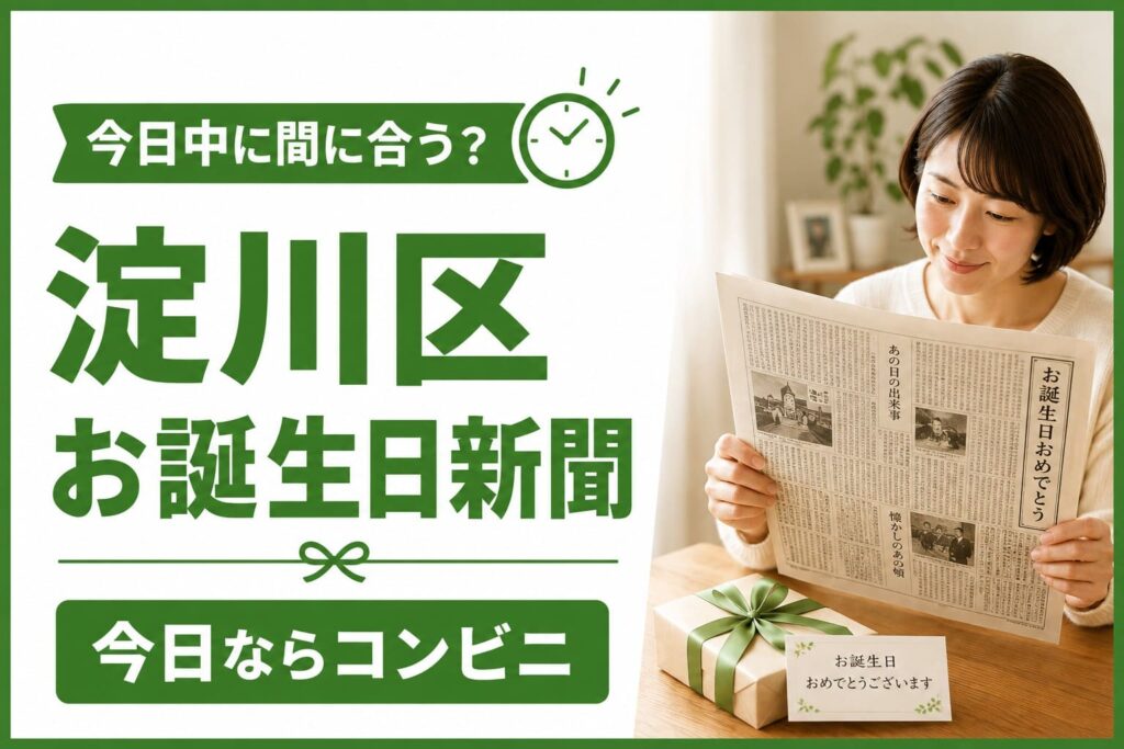 淀川区のお誕生日新聞を今日中に用意する方法を案内するアイキャッチ。女性が記念新聞を読み、贈り物が添えられている。