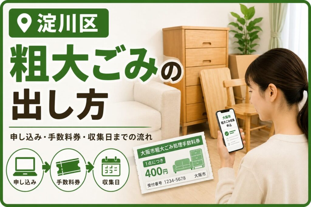 淀川区の粗大ごみの出し方を、申し込み・手数料券・収集日の流れとともに紹介するイメージ