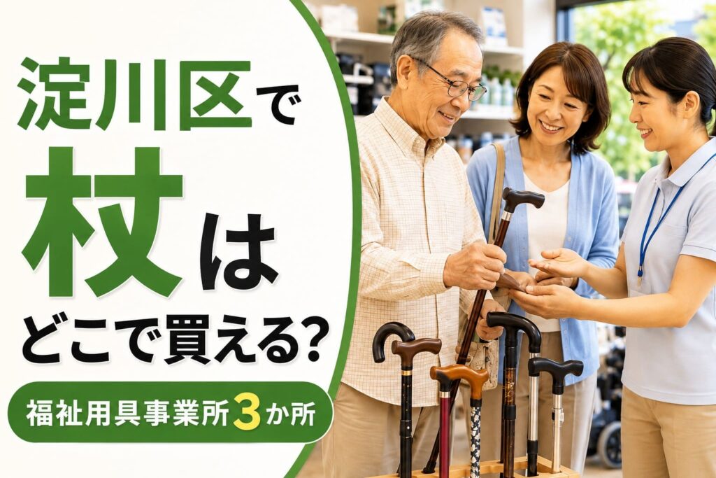 淀川区で杖を探す人向けに、福祉用具事業所で杖を選ぶ様子を紹介したアイキャッチ画像
