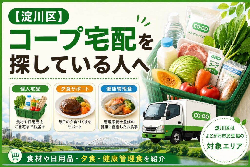 淀川区で利用できるコープ宅配の個人宅配・夕食サポート・健康管理食を紹介するアイキャッチ画像