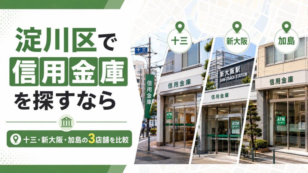 淀川区で信用金庫を探す方向けに十三・新大阪・加島の3エリアを比較したイメージ