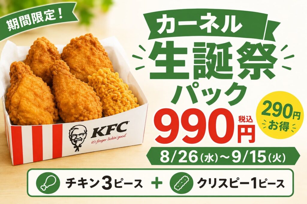 KFCカーネル生誕祭パック990円を紹介するアイキャッチ。オリジナルチキン3ピースとカーネルクリスピー1ピース、販売期間8月26日から9月15日を掲載。