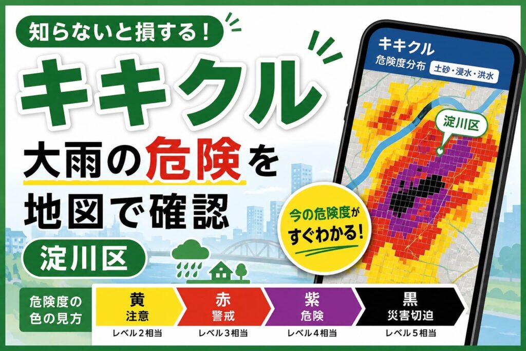 淀川区で大雨時の危険度を確認できる気象庁のキキクルを紹介するアイキャッチ画像。スマホに危険度分布図が表示され、黄・赤・紫・黒の色分けが示されている。