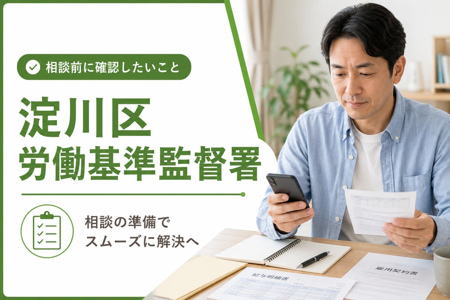 スマートフォンと書類を手にした男性の写真と、「淀川区 労働基準監督署」「相談前に確認したいこと」の文字を配置した、労働相談の準備を案内するアイキャッチ画像