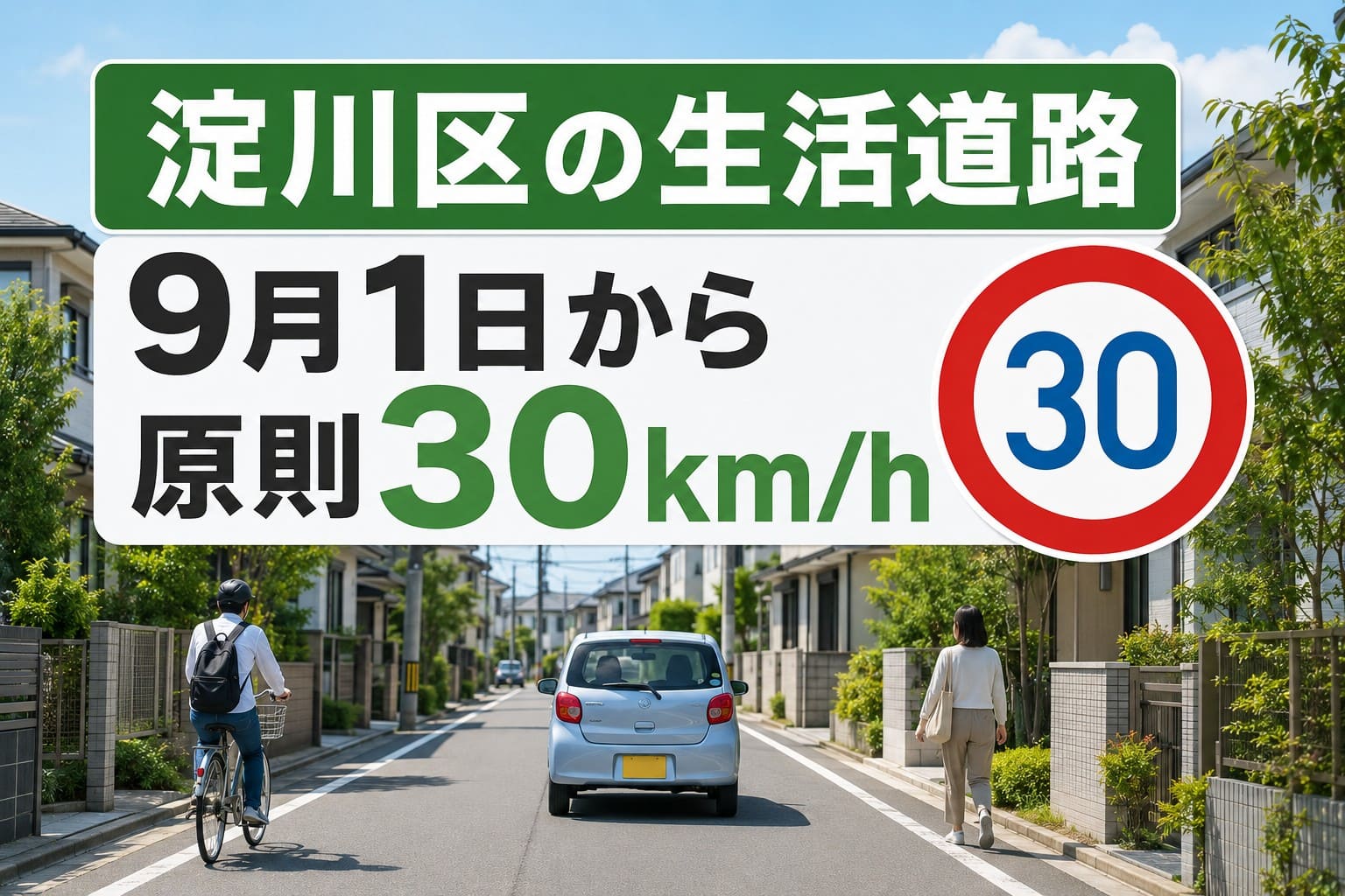 淀川区の生活道路と9月1日から原則30km/hになることを伝えるアイキャッチ