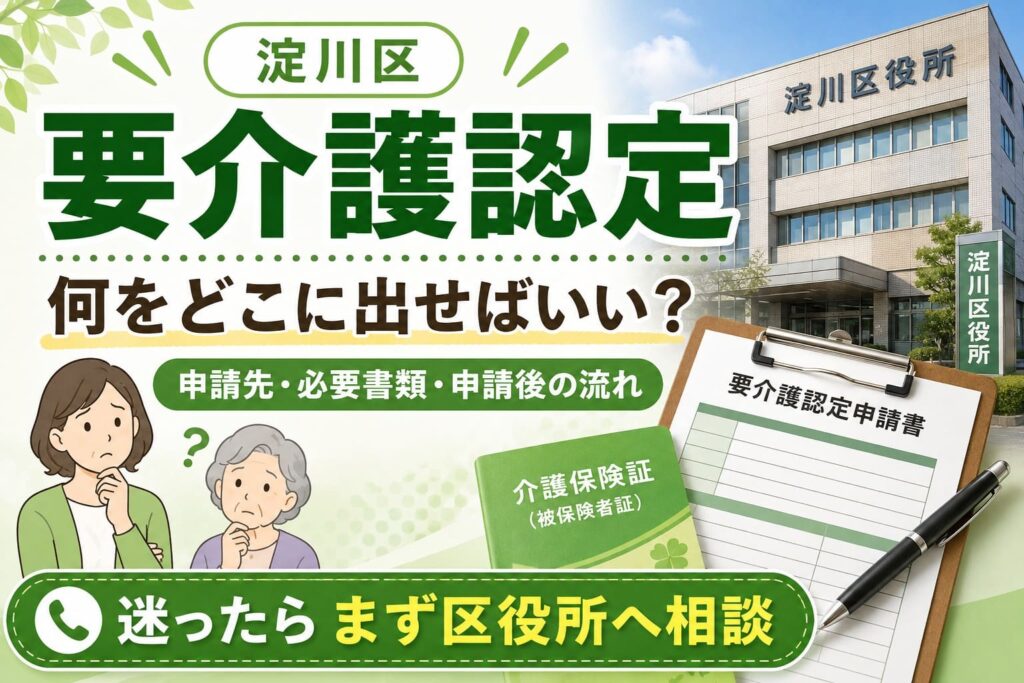 淀川区の要介護認定申請について、申請先・必要書類・申請後の流れを案内するアイキャッチ画像