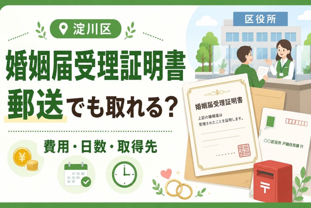 淀川区の婚姻届受理証明書について、郵送請求の可否や費用・日数・取得先を案内するアイキャッチ画像