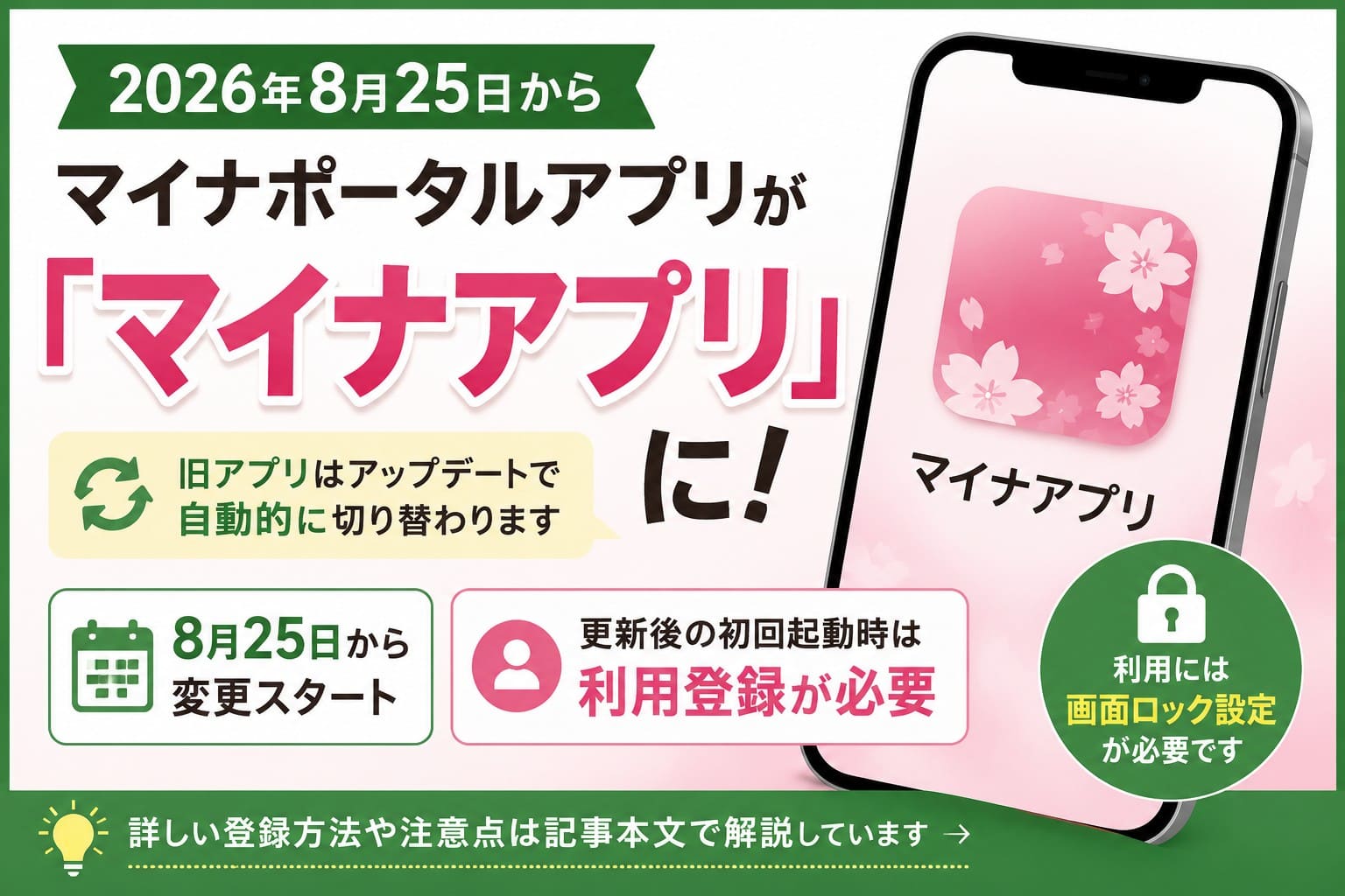 2026年8月25日からマイナポータルアプリがマイナアプリに変更され、更新方法と利用登録の注意点を案内するアイキャッチ画像