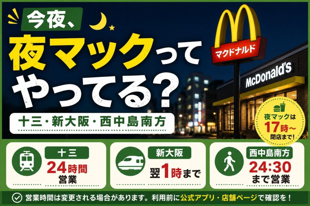 十三・新大阪・西中島南方の夜マック営業時間をまとめた案内画像