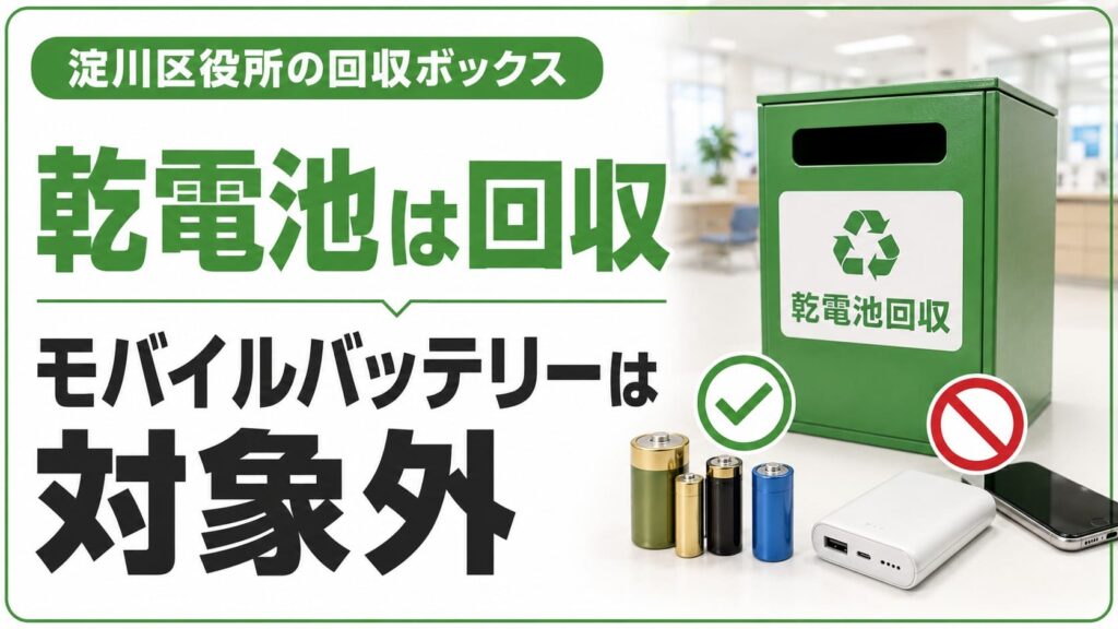淀川区役所の回収ボックスで乾電池は回収、モバイルバッテリーは対象外と伝えるアイキャッチ画像