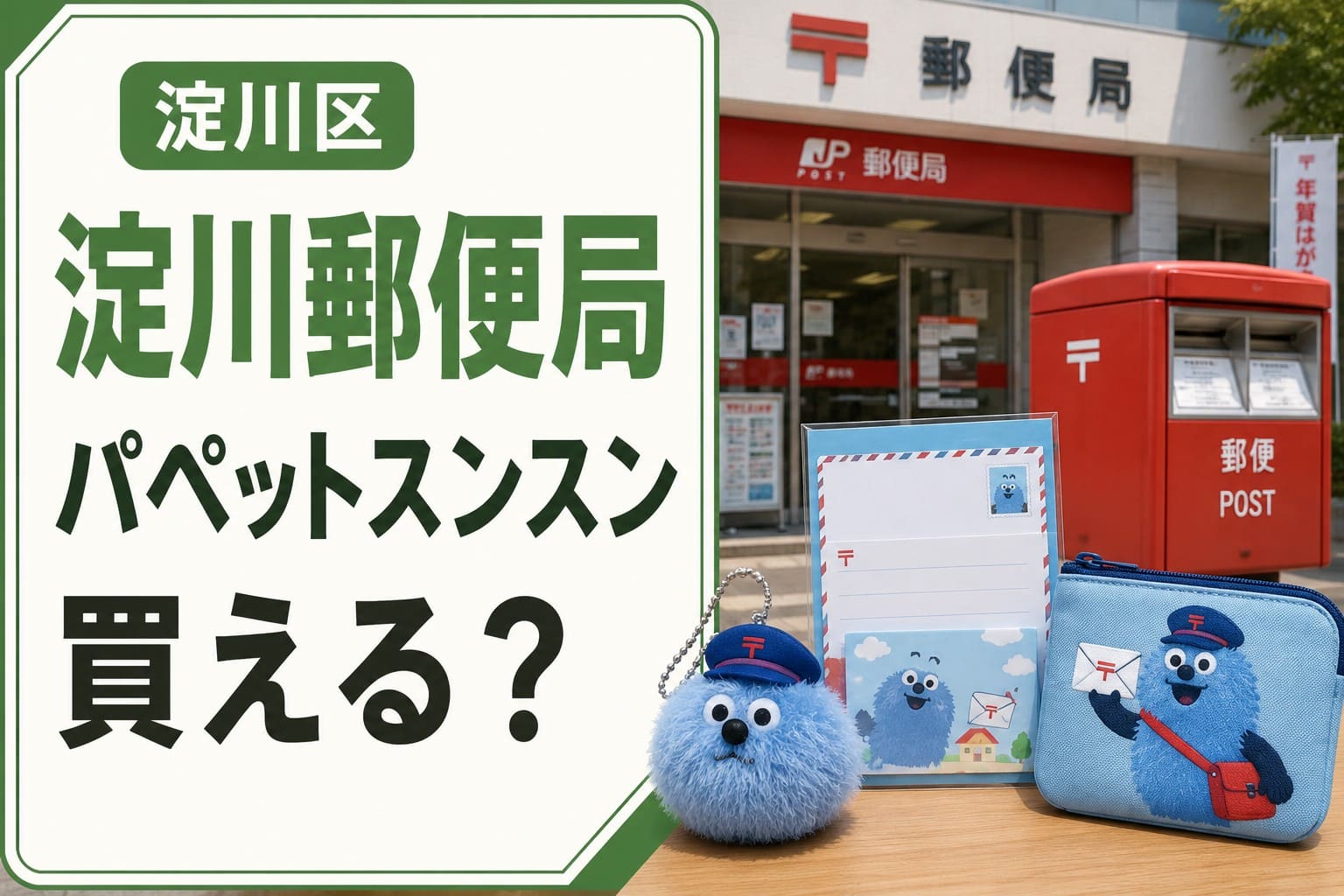 淀川郵便局でパペットスンスンの商品が買えるかを案内するアイキャッチ画像。左に「淀川区」「淀川郵便局」「パペットスンスン 買える?」の文字、右に郵便局とポスト、関連グッズのイメージを配置。
