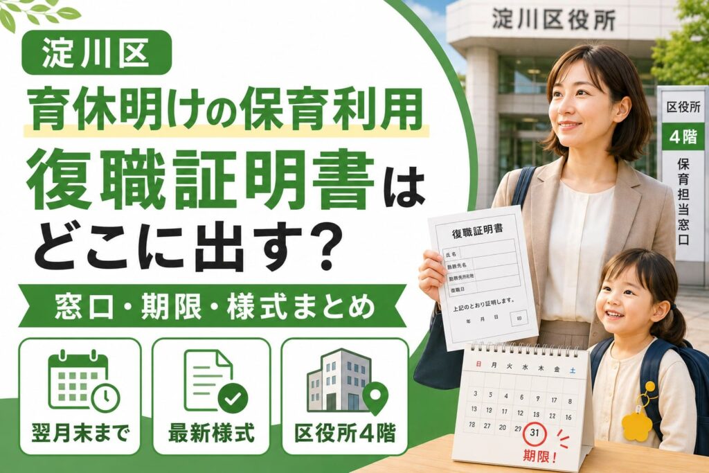 淀川区の育休明けの保育利用に関する案内アイキャッチ。復職証明書の提出先や期限、最新様式、区役所4階の保育担当窓口を示し、淀川区役所前で書類を持つ母親と子どもを配置した画像。