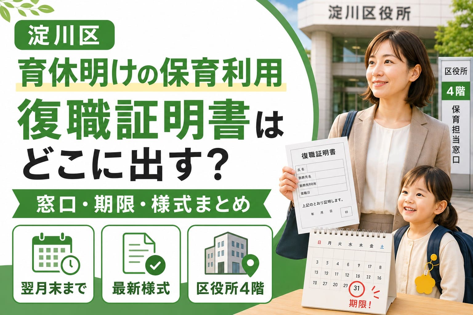 淀川区の育休明けの保育利用に関する案内アイキャッチ。復職証明書の提出先や期限、最新様式、区役所4階の保育担当窓口を示し、淀川区役所前で書類を持つ母親と子どもを配置した画像。