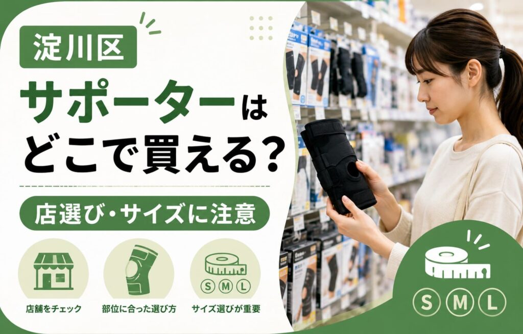 淀川区でサポーターを探す人向けに、店選びとサイズ選びの注意点を紹介するアイキャッチ画像