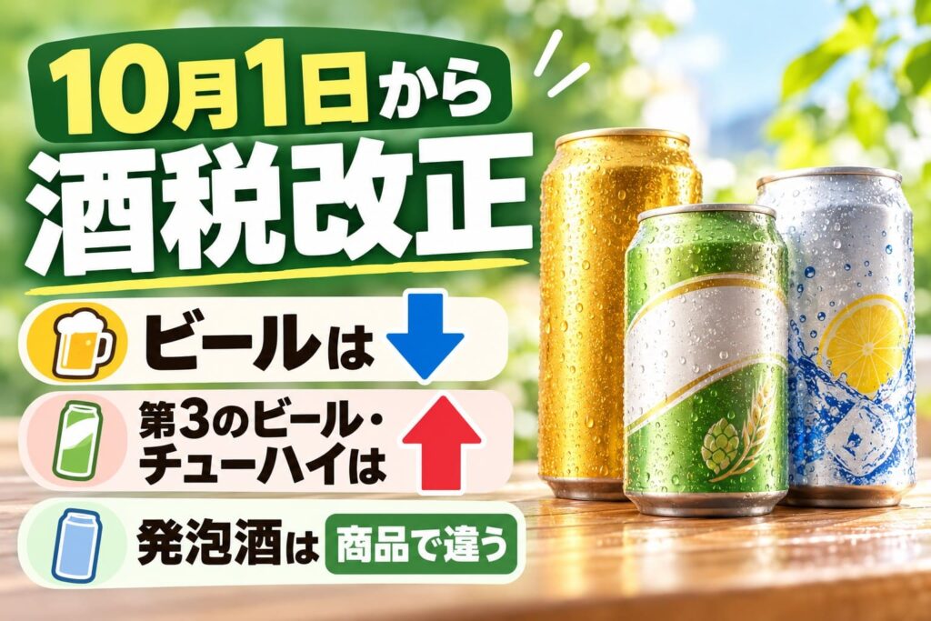 2026年10月1日の酒税改正で、ビールは減税、第3のビールとチューハイは増税、発泡酒は商品により異なることを示したアイキャッチ
