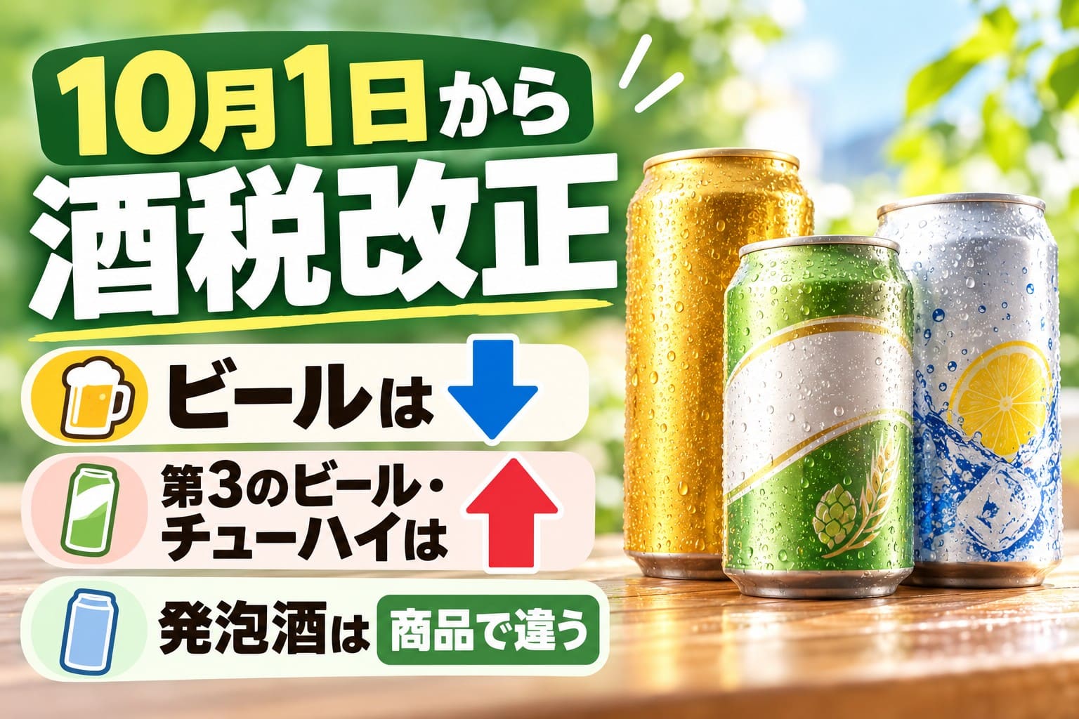 2026年10月1日の酒税改正で、ビールは減税、第3のビールとチューハイは増税、発泡酒は商品により異なることを示したアイキャッチ