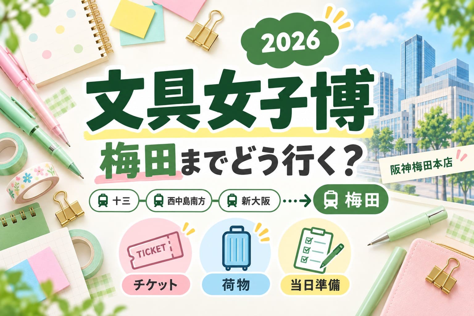 文具女子博2026へ十三・西中島南方・新大阪から梅田へ向かうアクセスと、チケット・荷物・当日準備を案内するアイキャッチ