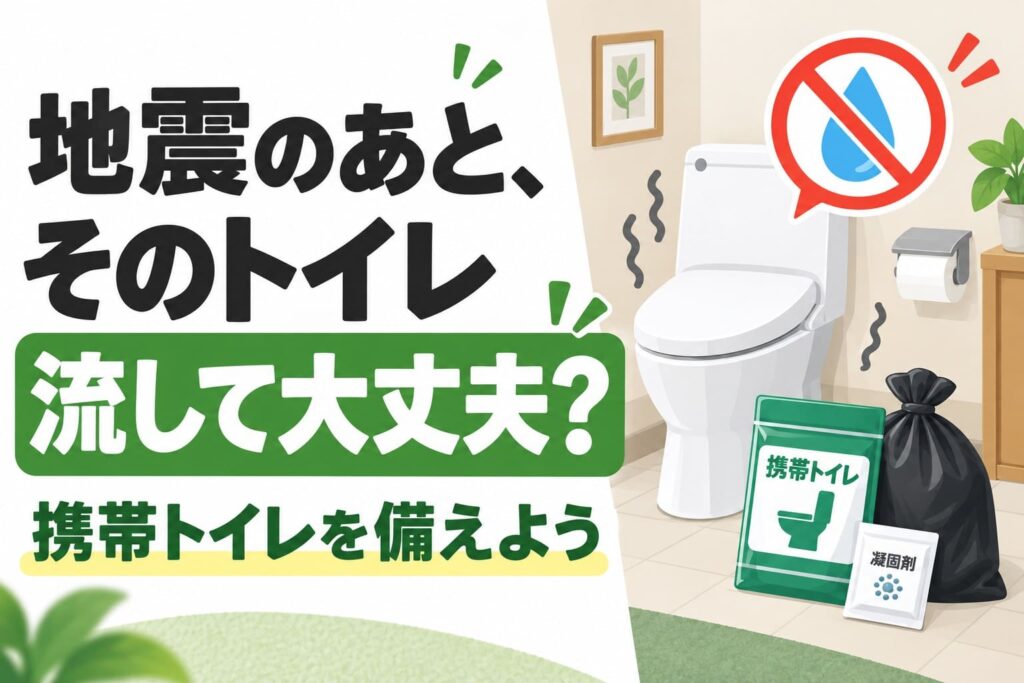 地震後にトイレを流してよいかを問いかけ、携帯トイレの備えを促すアイキャッチ画像。便器、流さない注意マーク、携帯トイレ用品を描いている。